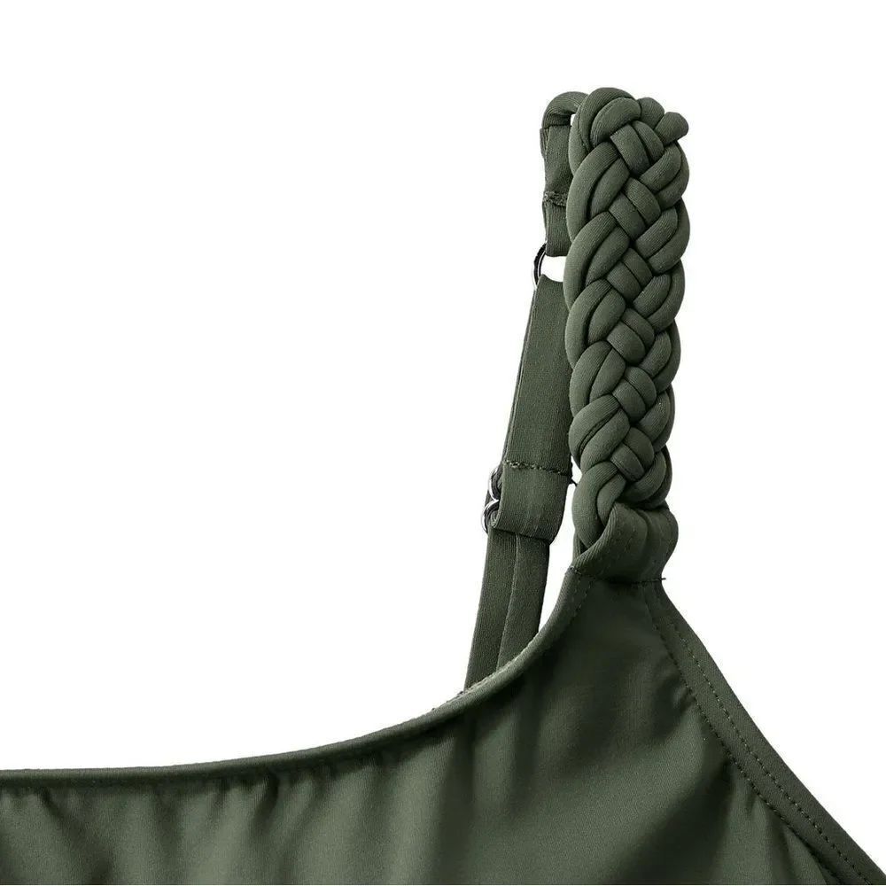 Land's End Tankini Top Macrame Straps deep olive green lightweight soft cup Var